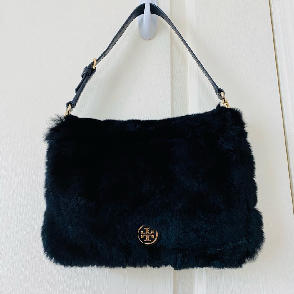 Tory Burch Black Rabbit Fur Leather Handle Flap Shoulder/Satchel Bag (rare!)